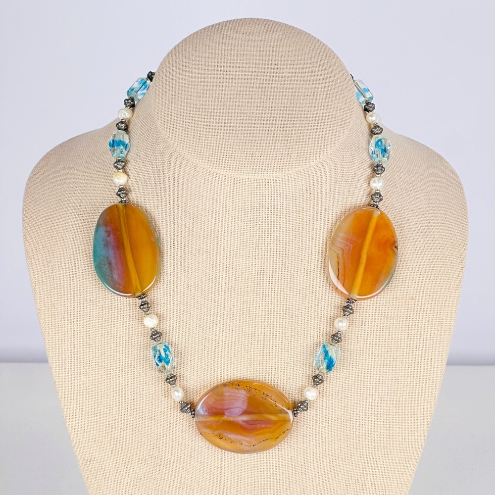 Boho Amber Blue Agate Stone Discs, Pearl, & BlueGlass Bead Statement Necklace